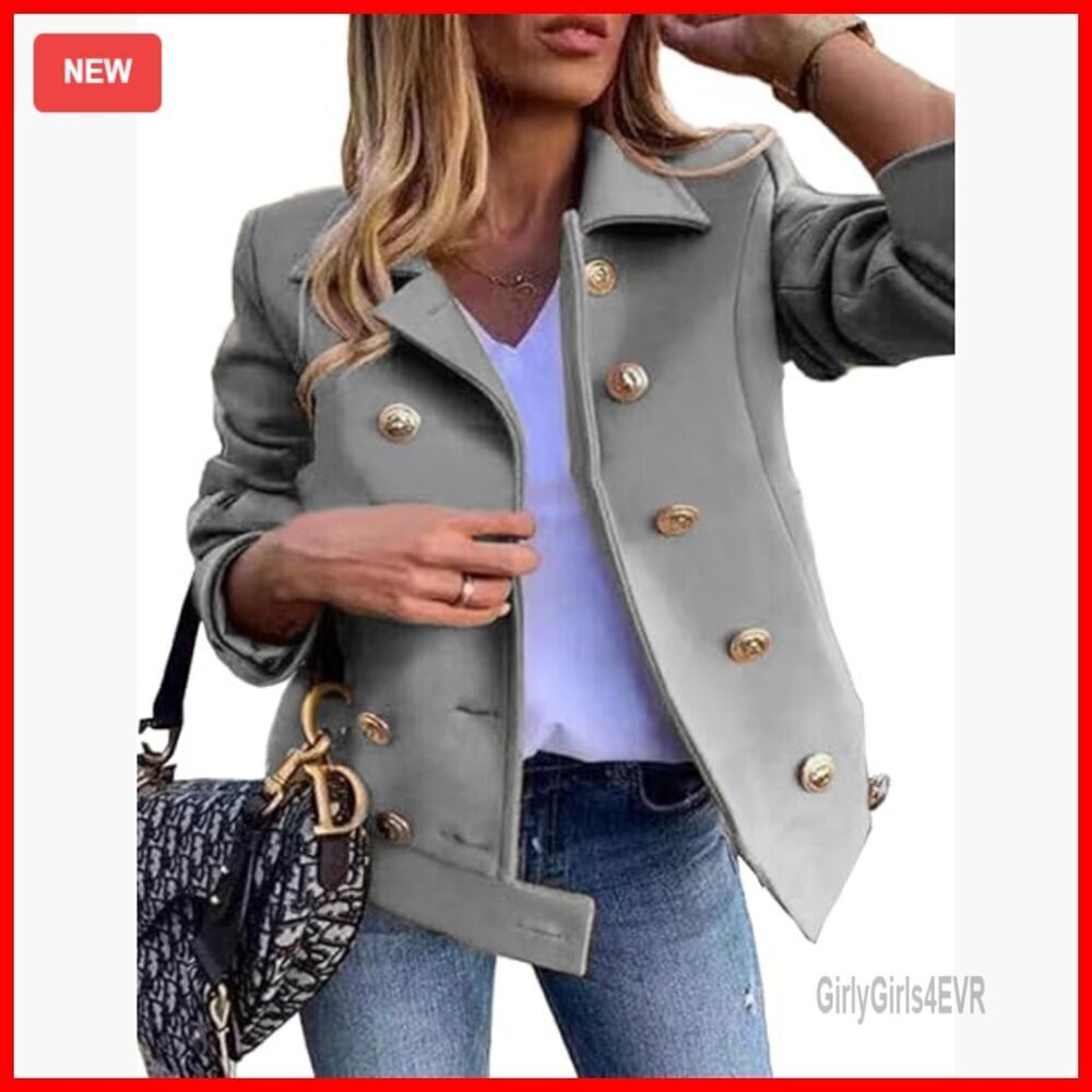 Cropped Wool Peacoat Double Breasted Blazer Jacket Women's Fall Winter